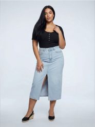Jeansowa spódnica midi z rozcięciem plus size - niebieski. Niebieskie spódnice damskie Sinsay, plus size, bez wzorów, z jeansu, plus size, midi. Za 79.99 zł.