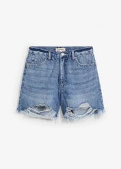 Szorty dżinsowe high waist, low stretch. Niebieskie szorty damskie bonprix, bez wzorów, z jeansu, z podwyższonym stanem. Za 104.99 zł.
