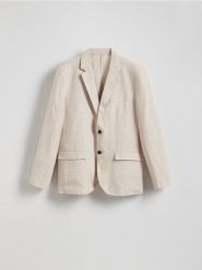 Lniana marynarka slim fit - beżowy. Brązowe marynarki męskie Reserved, bez wzorów, z tkaniny. W wyprzedaży za 359.99 zł.