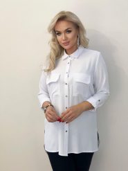 Klasycza biała koszula Cler z długim rękawem do pracy PLUS SIZE XXL. Białe bluzki damskie Nasi partnerzy, plus size, bez wzorów, z poliesteru, biznesowe, bez kołnierzyka, plus size, bez ramiączek. Za 199.90 zł.