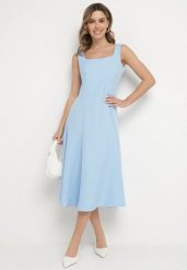 Niebieska Klasyczna Sukienka o Rozkloszowanym Kroju Delure. Niebieskie sukienki damskie Born2be, l, z aplikacjami, eleganckie, bez kołnierzyka, bez ramiączek, midi, rozkloszowane. Za 99.99 zł.