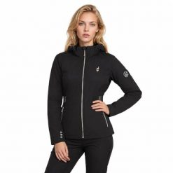 Kurtka softshell damska BELLE wodoodporna. Czarne kurtki sportowe damskie Aulp, l, bez wzorów, z elastanu, z kapturem, outdoorowe. Za 719.99 zł.