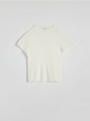 Dzianinowa bluzka - złamana biel. Bluzki damskie Reserved, l, bez wzorów, z dzianiny, bez kołnierzyka, bez ramiączek. W wyprzedaży za 39.99 zł.