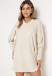 Jasnobeżowa Rozkloszowana Sukienka Pudełkowa z Bufiastymi Rękawami Gwelan. Brązowe sukienki damskie Born2be, na co dzień, s, bez wzorów, eleganckie, bez kołnierzyka, bez ramiączek, mini, proste. Za 79.99 zł.