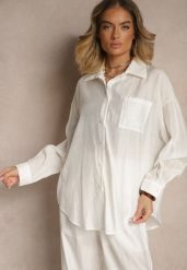 Biała Koszula Oversize w Klasycznym Stylu z Kieszonką Liozira. Białe bluzki damskie Renee, l, bez wzorów, biznesowe, bez kołnierzyka, bez ramiączek. Za 84.99 zł.