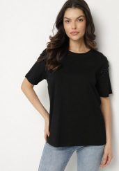 Czarny Bawełniany T-shirt Ozdobiony Koralikami Tlerra. Czarne bluzki damskie Born2be, l, z aplikacjami, z bawełny, klasyczne, bez kołnierzyka. Za 34.99 zł.