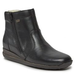 Botki Rieker. Czarne botki damskie Rieker, bez obcasa, na płaskiej podeszwie, bez zapięcia. Za 314.99 zł.