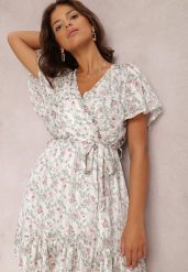 Biała Sukienka Daphophi. Białe sukienki damskie Renee, na co dzień, l, bez wzorów, z tkaniny, bez kołnierzyka, bez ramiączek, mini, kopertowe. Za 54.99 zł.