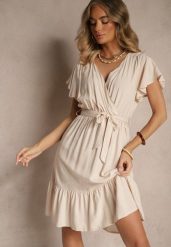 Beżowa Kopertowa Sukienka z Wiskozy Ozdobiona Paskiem Lanestea. Brązowe sukienki damskie Renee, na co dzień, l, z aplikacjami, z wiskozy, eleganckie, bez kołnierzyka, bez ramiączek, midi, kopertowe. Za 44.99 zł.