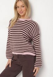 Różowy Sweter Oversize w Paski z Dodatkiem Wełny i Wiskozy Tianalla. Czerwone swetry damskie Born2be, bez wzorów, z jeansu, eleganckie, bez kołnierzyka, bez ramiączek, bez kaptura. Za 129.99 zł.