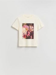 T-shirt z nadrukiem - kremowy. Białe t-shirty damskie Reserved, l, bez wzorów, z bawełny, klasyczne, bez kołnierzyka. Za 49.99 zł.