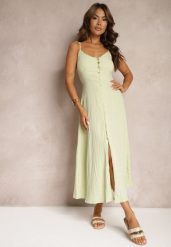 Zielona Taliowana Sukienka na Guziki na Ramiączkach z Regulacją Quafea. Zielone sukienki damskie Renee, na co dzień, l, bez wzorów, eleganckie, bez kołnierzyka, bez ramiączek, midi, kopertowe. Za 79.99 zł.