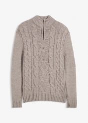 Sweter ze stójką we wzór w warkocze. Szare swetry przez głowę męskie bonprix, m, bez wzorów, bez kołnierzyka. Za 114.99 zł.