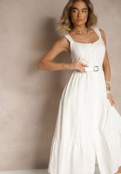 Biała Sukienka Rozkloszowana z Bawełną Ozdobiona Guzikami i Falbanką Lunavin. Białe sukienki dla dziewczynek Renee, bez wzorów, z bawełny, eleganckie, bez ramiączek. Za 119.99 zł.