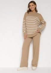 Ciemnobeżowy Komplet z Wełną i Bawełną Sweter w Paski i Szerokie Spodnie Neveena. Brązowe spodnie materiałowe damskie Born2be, l, bez wzorów, z bawełny. Za 139.99 zł.