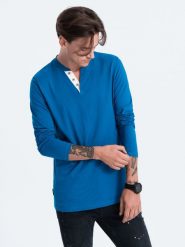 Longsleeve męski z guzikami przy dekolcie - niebieski V2. Niebieskie bluzki z długim rękawem męskie Ombre Clothing, m, z aplikacjami, z bawełny, casualowe, bez kołnierzyka. W wyprzedaży za 89.99 zł.