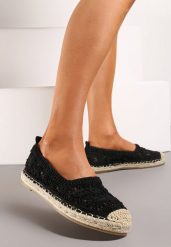 Czarne Espadryle na Plecionej Podeszwie z Ażurową Cholewką z Kwiatami Wavelet. Czarne espadryle damskie Renee, na lato, w ażurowe wzory, eleganckie, bez obcasa, na płaskiej podeszwie, bez zapięcia. Za 79.99 zł.