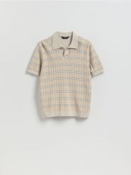 Strukturalny sweter polo - beżowy. Brązowe swetry przez głowę męskie Reserved, l, bez wzorów, z bawełny, bez kołnierzyka. Za 129.99 zł.