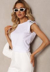 Biały Top z Łańcuszkami i Kryształkami na Usztywnionych Ramionach Liefara. Białe bluzki damskie Renee, m, bez wzorów, bez kołnierzyka, bez ramiączek. Za 39.99 zł.
