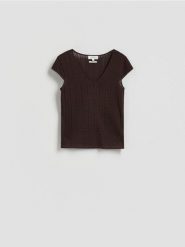 T-shirt z modalem - ciemnobrązowy. Brązowe t-shirty damskie Reserved, l, bez wzorów, z bawełny, bez kołnierzyka. Za 119.99 zł.