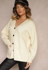 Jasnobeżowy Casualowy Kardigan z Wełną na Guziki Floradi. Brązowe kardigany damskie Renee, uniwersalny, bez wzorów, z jeansu, eleganckie, bez kołnierzyka, bez ramiączek, długie, bez kaptura. Za 159.99 zł.
