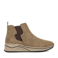 Botki Rieker. Brązowe botki damskie Rieker, bez obcasa, na płaskiej podeszwie, bez zapięcia. Za 319.99 zł.