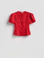 Bluzka z bufkami - czerwony. Czerwone bluzki damskie Reserved, l, bez wzorów, z tkaniny, bez kołnierzyka, bez ramiączek. Za 159.99 zł.