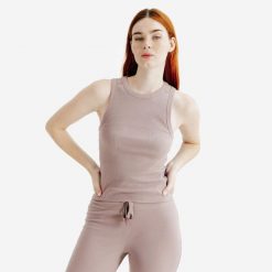 Koszulka bez rękawów damska Elementals. Brązowe koszulki sportowe damskie Decathlon, m, bez wzorów, z bawełny, bez kołnierzyka, bez ramiączek. Za 49.99 zł.