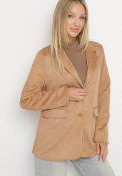 Beżowa Marynarka Oversize z Imitacji Zamszu o Pudełkowym Kroju Alonella. Brązowe żakiety damskie Born2be, m, bez wzorów, z jeansu, biznesowe. Za 159.99 zł.