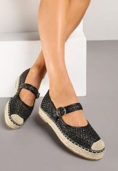 Czarne Espadryle z Plecionki z Ozdobnym Noskiem Sprzączką i Wkładką ze Skóry Eranwena. Czarne espadryle damskie Renee, na lato, bez wzorów, ze skóry, biznesowe, bez obcasa, bez zapięcia. Za 89.99 zł.