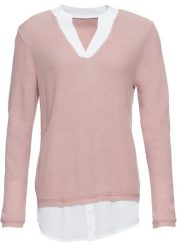 Sweter z koszulową wstawką. Czerwone swetry damskie bonprix, bez wzorów, bez kołnierzyka, bez ramiączek, długie, bez kaptura. Za 127.99 zł.