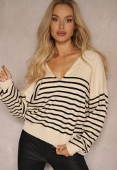 Beżowy Sweter w Paski Ozdobiony Kołnierzykiem i Wycięciem Irinalies. Brązowe swetry damskie Renee, na zimę, bez wzorów, casualowe, bez kołnierzyka, bez ramiączek, bez kaptura. Za 59.99 zł.