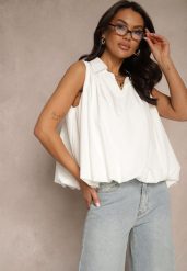 Biała Bluza Oversize z Kołnierzykiem o Rozkloszowanym Kroju Erivelle. Białe bluzki damskie Renee, m, bez wzorów, bez kołnierzyka, bez ramiączek. Za 49.99 zł.
