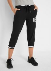 Spodnie joggingowe 3/4 z mieszanki bawełny. Czarne spodnie sportowe damskie bonprix, bez wzorów, z bawełny, na fitness i siłownię. Za 79.99 zł.