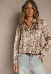 Brązowa Koszula Vices z Satynowej Tkaniny w Wężowy Print Resmina. Brązowe bluzki damskie Renee, l, bez wzorów, z jeansu, eleganckie, bez kołnierzyka, bez ramiączek. Za 79.99 zł.
