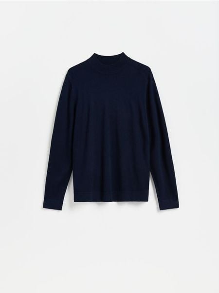 Gładki sweter z półgolfem - granatowy. Niebieskie swetry przez głowę męskie Reserved, l, bez wzorów, z dzianiny, bez kołnierzyka. Za 129.99 zł.