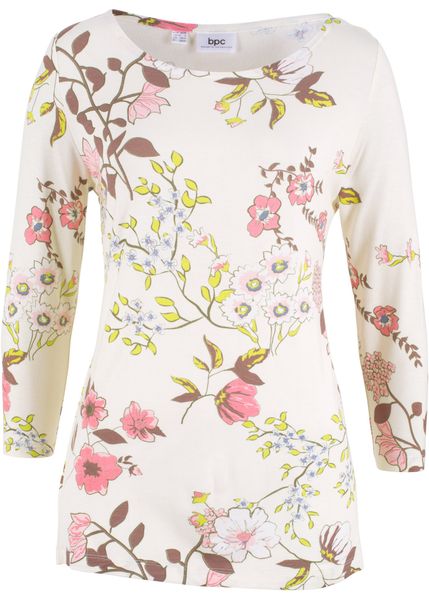 Shirt w kwiaty. Białe bluzki damskie bonprix, bez wzorów, z wiskozy, bez kołnierzyka, bez ramiączek. Za 67.99 zł.