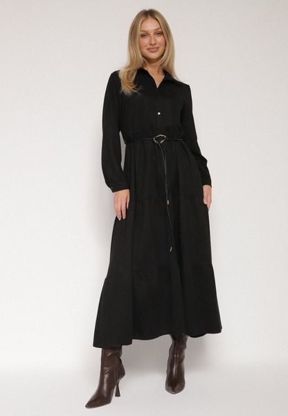 Czarna Wiskozowa Koszulowa Sukienka o Rozkloszowanym Kroju z Paskiem Retirna. Czarne sukienki damskie Born2be, l, bez wzorów, z jeansu, klasyczne, bez kołnierzyka, bez ramiączek, koszulowe. Za 149.99 zł.