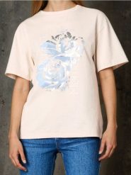 Bawełniana koszulka z metalicznym printem - fioletowy. Fioletowe t-shirty damskie Sinsay, l, bez wzorów, z bawełny, bez kołnierzyka. Za 29.99 zł.