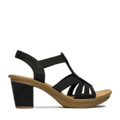 Sandały Rieker. Czarne sandały damskie Rieker, bez wzorów, bez obcasa, na słupku, bez zapięcia. Za 319.99 zł.