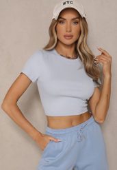 Jasnoniebieski T-shirt z Bawełny z Prążkowanego Materiału Aszedi. Niebieskie bluzki damskie Renee, m, bez wzorów, z bawełny, klasyczne, bez kołnierzyka. Za 24.99 zł.