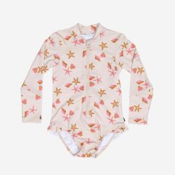 Strój jednoczęściowy kąpielowy dla malucha Decathlon Izia Shell długi rękaw. Brązowe stroje kąpielowe dla dziewczynek Decathlon, bez wzorów, z elastanu. Za 69.99 zł.