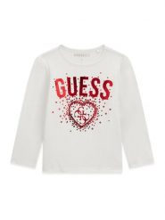 Guess Bluzka K6BI04 K5797 Biały Regular Fit. Białe bluzki dla dziewczynek Guess, z aplikacjami, z bawełny, bez ramiączek. Za 71.99 zł.