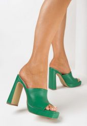 Zielone Klapki na Wysokim Słupku z Platformą i Szerokim Paskiem Rilama. Zielone klapki damskie Born2be, bez wzorów, eleganckie, bez obcasa, na obcasie. Za 54.99 zł.