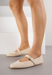 Beżowe Balerinki w Stylu Mary Jane Urifiel. Brązowe baleriny damskie Born2be, bez wzorów, z jeansu, eleganckie, bez obcasa. Za 59.99 zł.