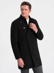 Płaszcz męski z asymetrycznym zapięciem - czarny V2 OM-COWC-0102 - XL. Czarne płaszcze męskie Ombre Clothing, l, bez wzorów, z poliesteru, bez kaptura. W wyprzedaży za 199.99 zł.