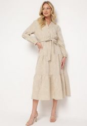 Beżowa Rozkloszowana Sukienka z Gumką i Wiązanym Paskiem w Talii Javara. Brązowe sukienki damskie Born2be, l, bez wzorów, z jeansu, eleganckie, bez kołnierzyka, bez ramiączek, maxi, dopasowane. Za 129.99 zł.