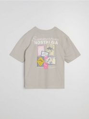 Bawełniana koszulka z nadrukiem wakacyjnym - beżowy. Brązowe t-shirty damskie Sinsay, l, bez wzorów, z bawełny, wakacyjne, bez kołnierzyka. Za 25.99 zł.