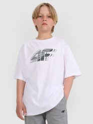 4F T-shirt oversize z nadrukiem chłopięcy - biały 158 (12-13 lat). Białe t-shirty dla chłopców 4f, bez wzorów, z bawełny, bez ramiączek. W wyprzedaży za 39.99 zł.