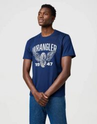 MESKA KOSZULKA WRANGLER AMERICANA TEE NAVY 112371477. Niebieskie t-shirty męskie Wrangler, m, bez wzorów, bez kołnierzyka. Za 79.99 zł.